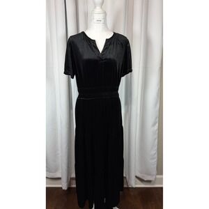 August Sky Black Velvet Maxi Dress Split V-Neck Tiered Ruffle RD3046 Womens L